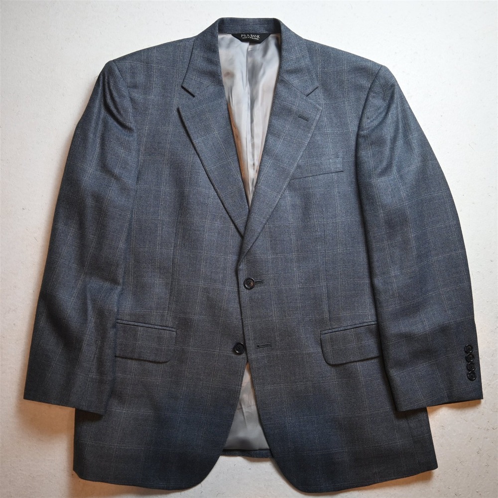 Jos A Bank 42S Blue Gray Windowpane Silk Wool Strong Shoulder Blazer Sport Coat